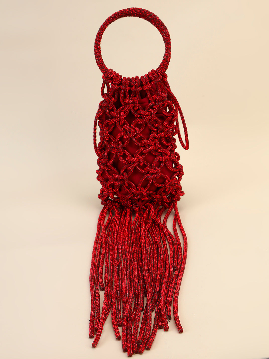 Red Crystal Fringe Clutch – Knotted Statement Party Evening Bag