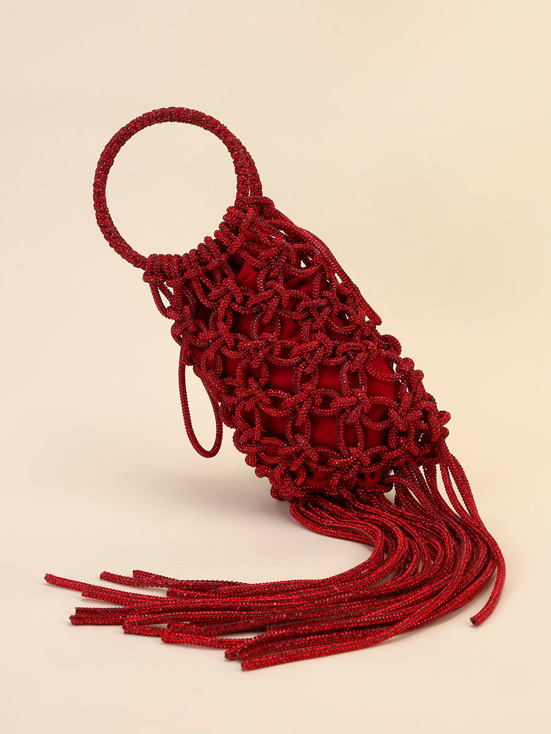 Red Crystal Fringe Clutch – Knotted Statement Party Evening Bag
