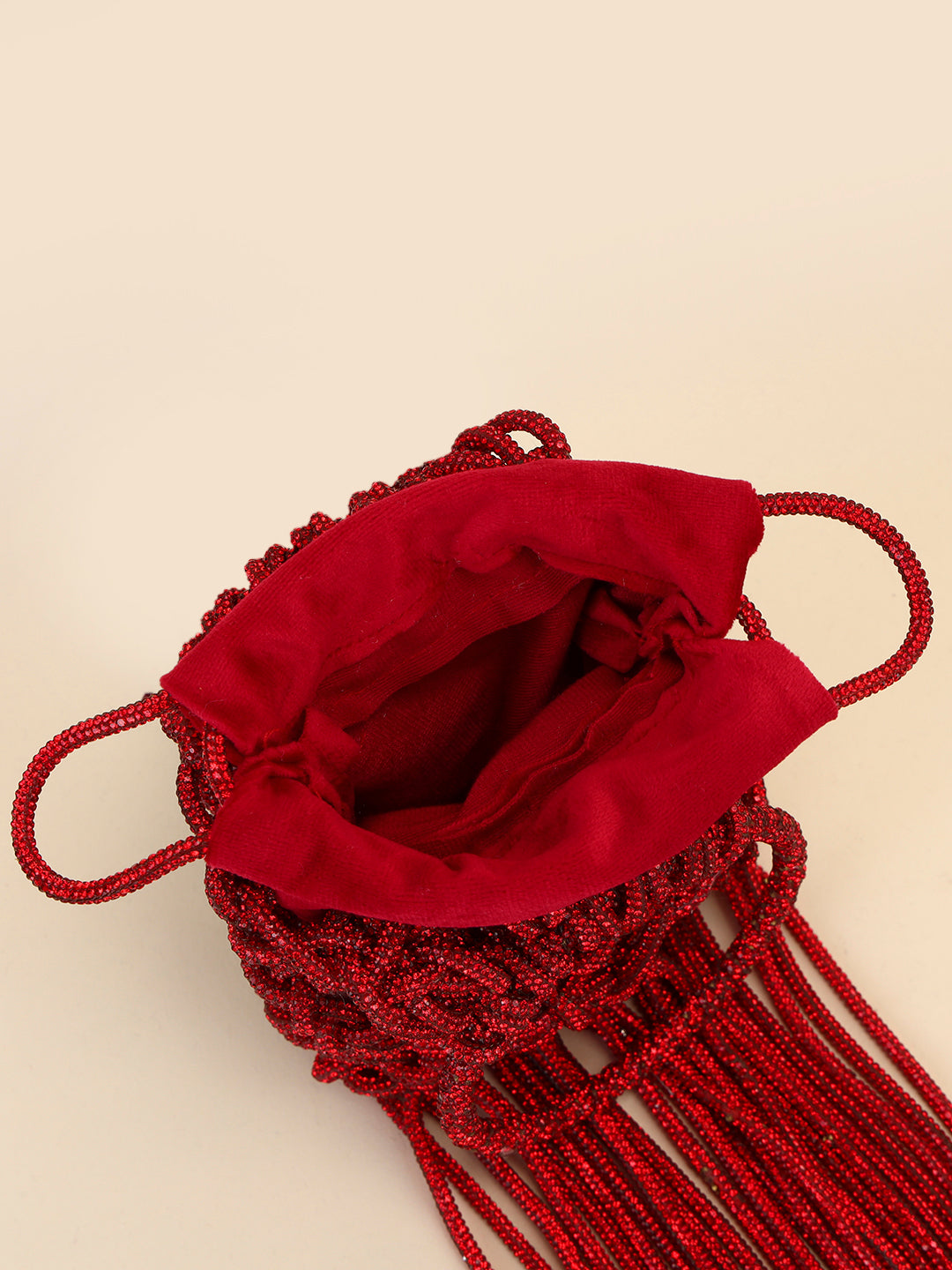 Red Crystal Fringe Clutch – Knotted Statement Party Evening Bag