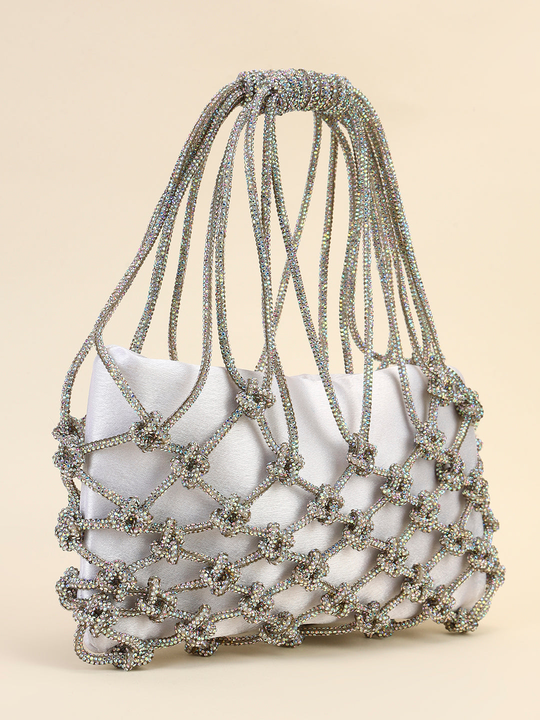 Silver Knot Crystal Bag with Satin Pouch – Luxe Party Clutch
