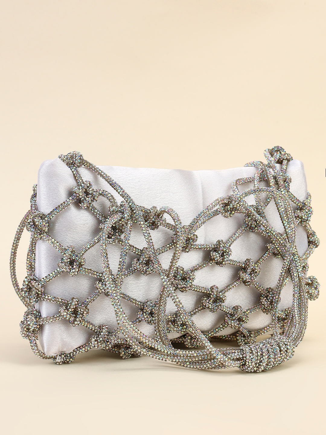 Silver Knot Crystal Bag with Satin Pouch – Luxe Party Clutch