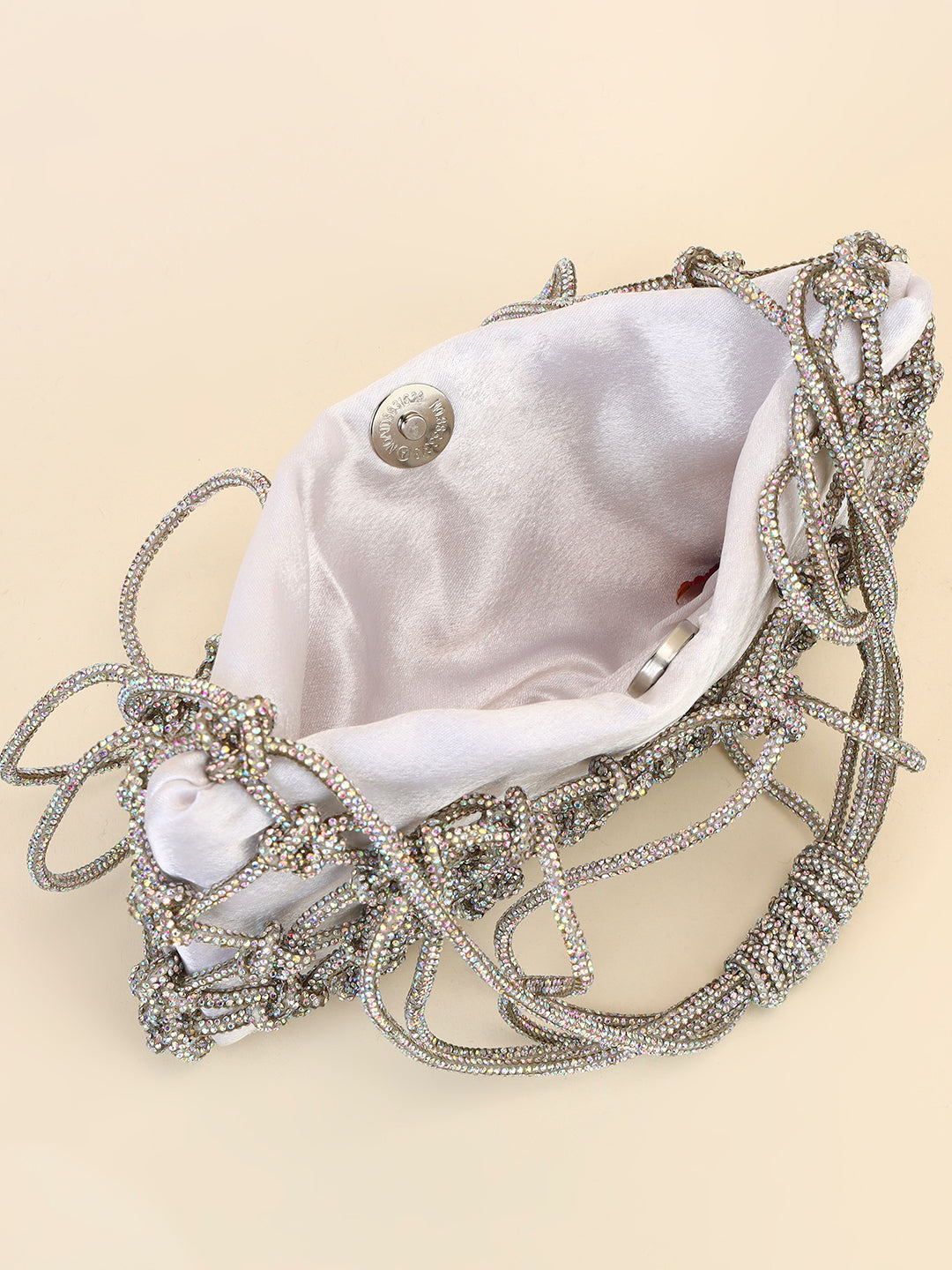 Silver Knot Crystal Bag with Satin Pouch – Luxe Party Clutch
