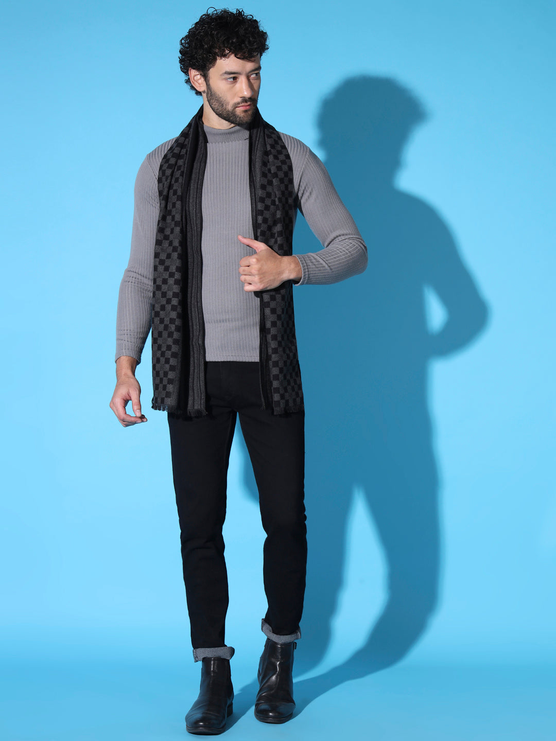 Men's Black Cashmere Wool Muffler with Checkboxes