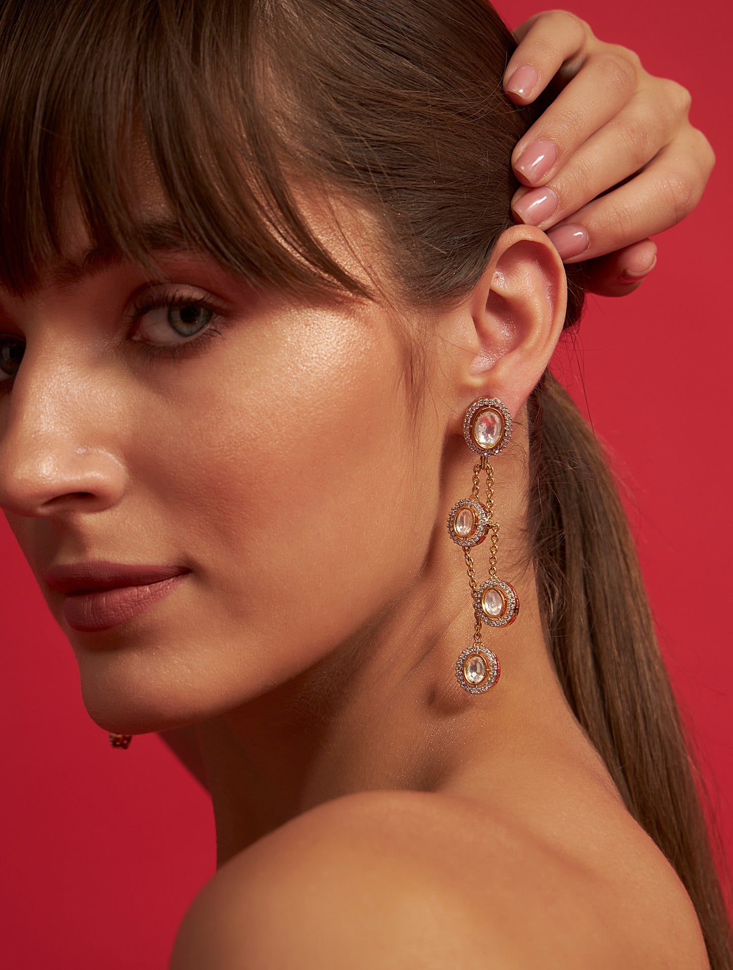 Designer polki drop chain earrings with statement styling