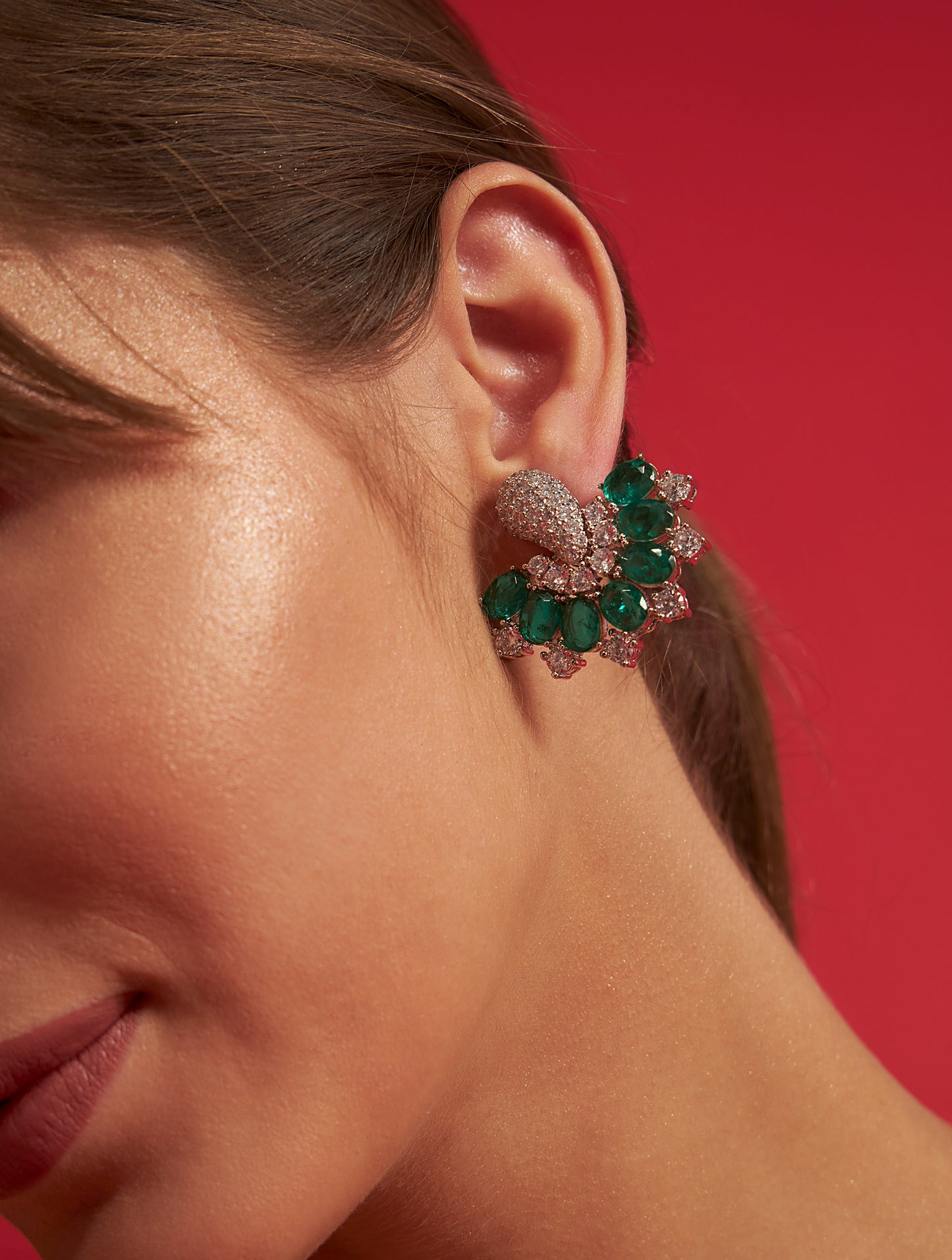 Luxury emerald and silver crystal designer studs for festive occasions