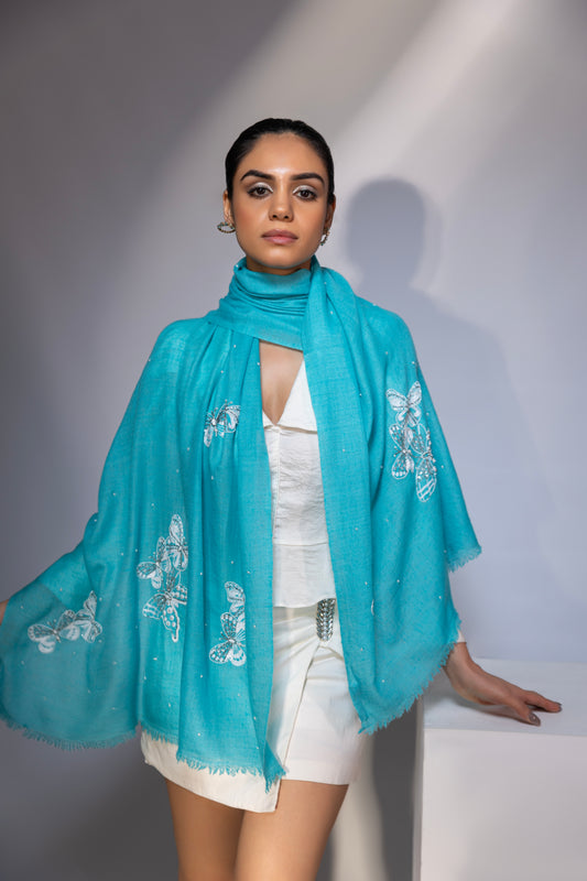 Turquoise Blue Shawl, Pure Pashmina Shawl with hand embroidery white butterflies