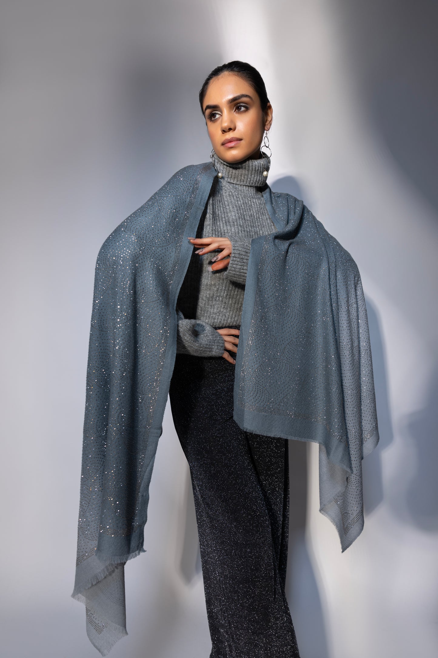 grey shawl, swarovski shawl, grey colour shawl