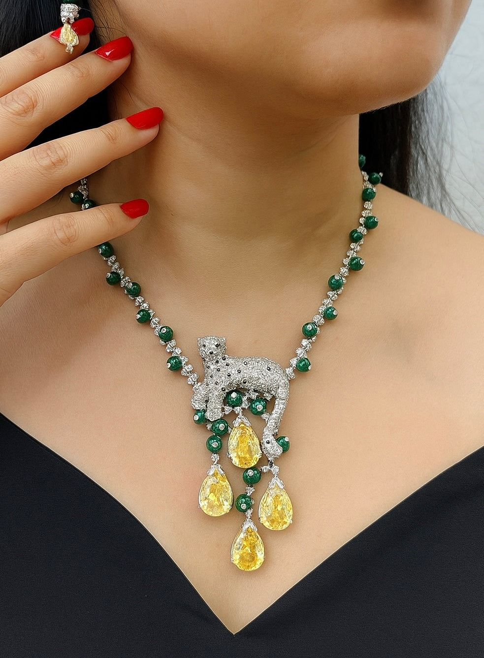 Leopard and Crystal Necklace Set with Yellow Sapphire Drops Jewellery