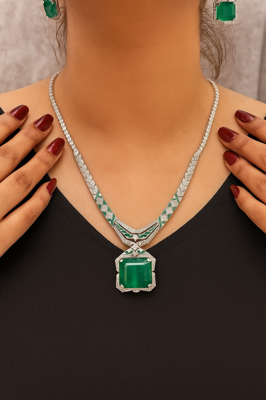 Emerald geometric necklace set with matching earrings