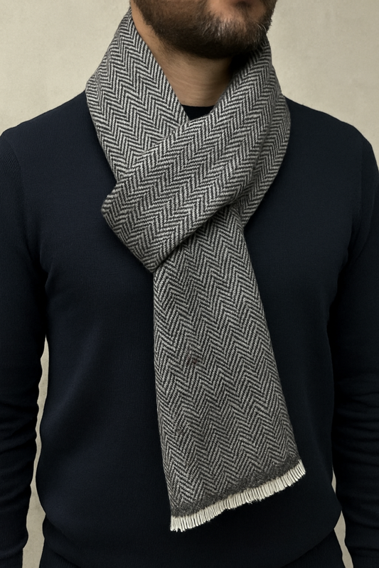 Grey woolen muffler styled with formal winter outfit accessory