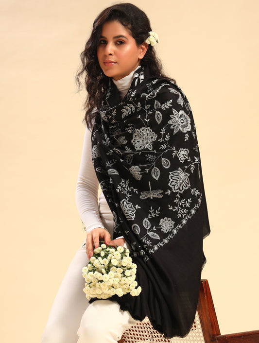 Black Fine Wool Shawl with All-Over Floral Embroidery Work