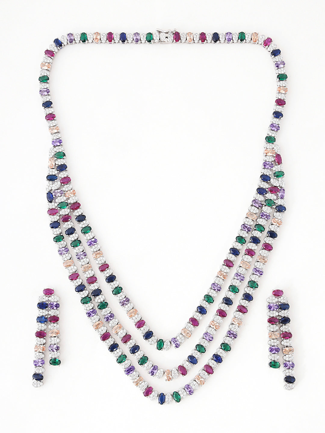 Multi Stone Crystal Necklace Set – Three Layer Exquisite Jewelry