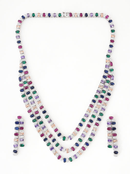 Multi Stone Crystal Necklace Set – Three Layer Exquisite Jewelry