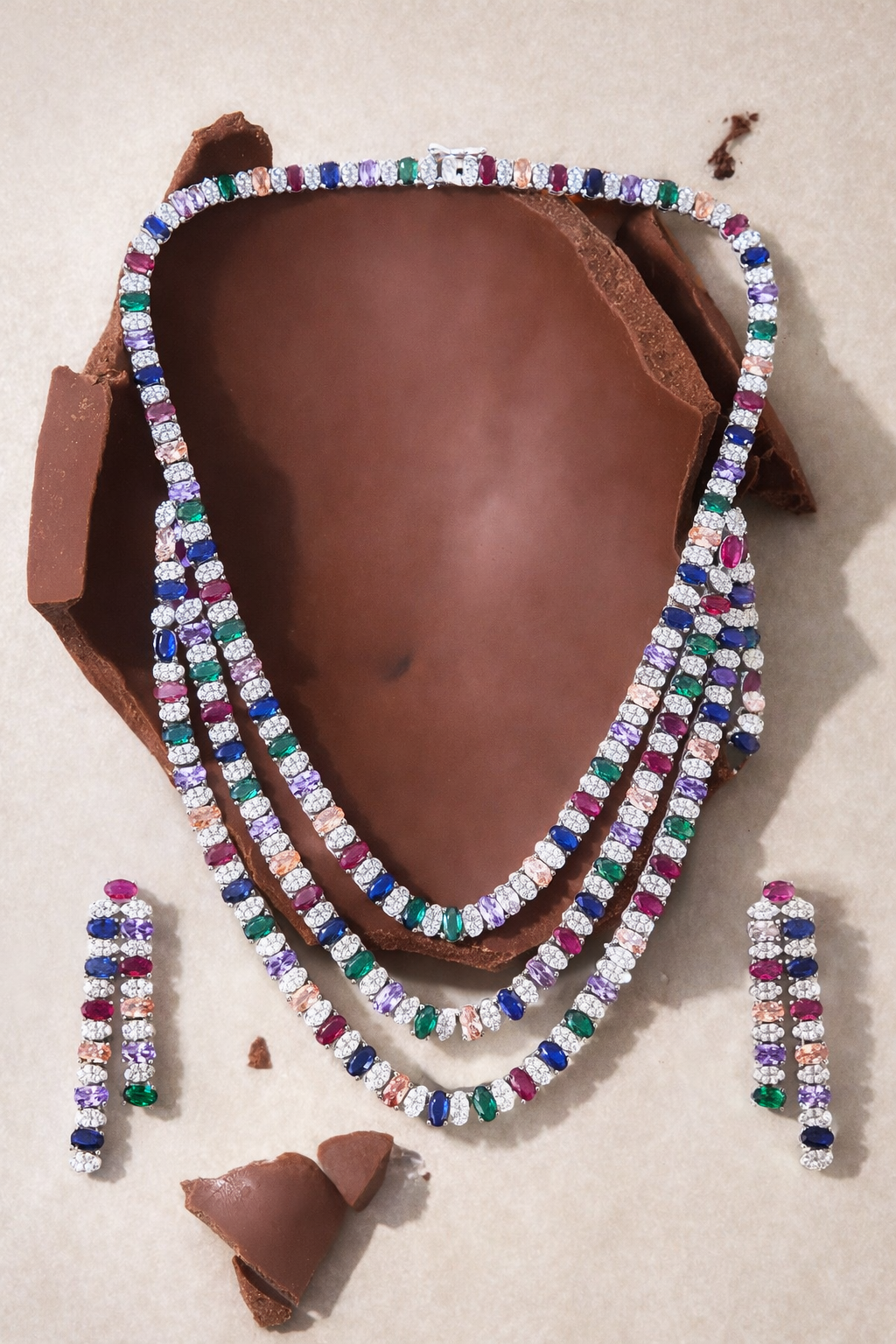 Multi Stone Crystal Necklace Set – Three Layer Exquisite Jewelry