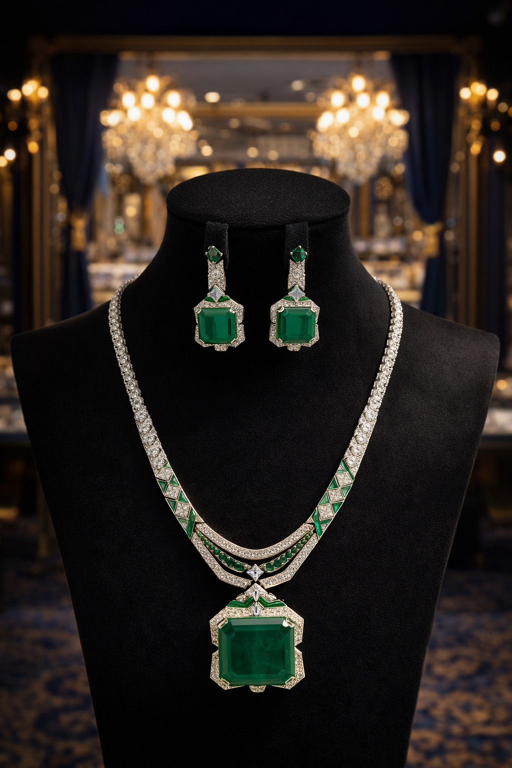 Emerald Crystal Necklace Set – Geometric Designer Jewelry for Women