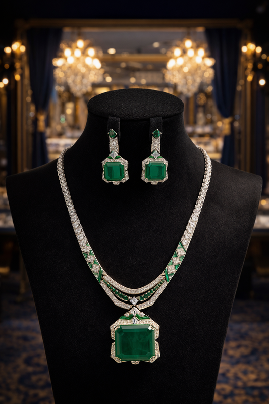Emerald Crystal Necklace Set – Geometric Designer Jewelry for Women