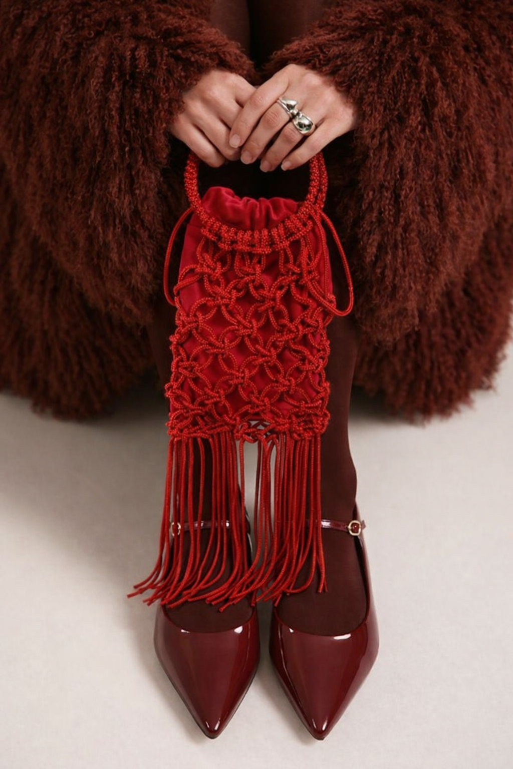 Red Crystal Fringe Clutch – Knotted Statement Party Evening Bag