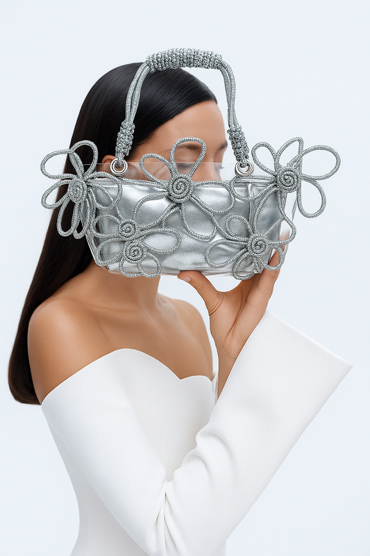 Transparent Tote Bag with Silver Floral Embroidery – Stylish Accessory