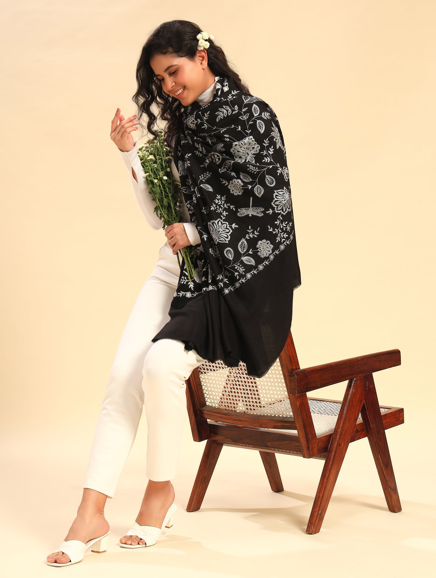 Black Fine Wool Shawl with All-Over Floral Embroidery Work
