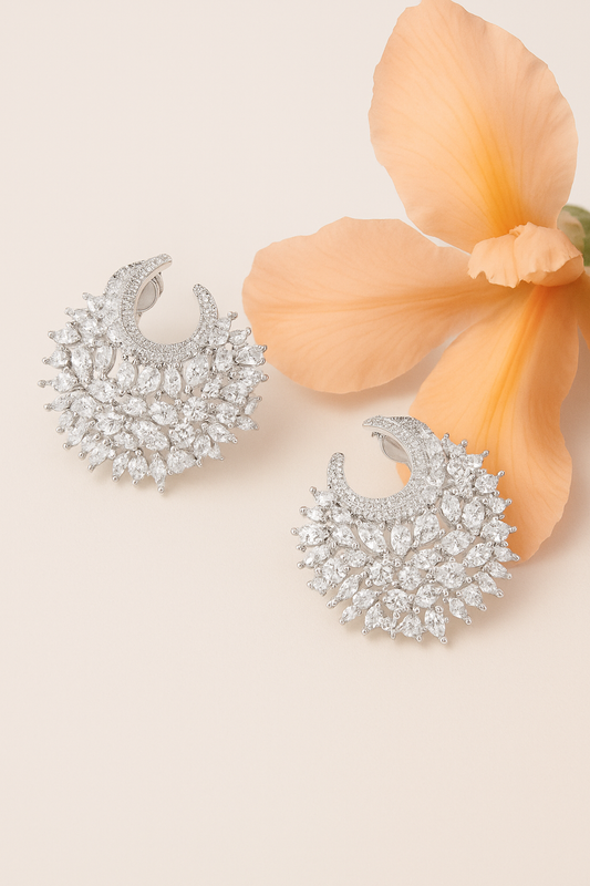 Floral crystal studded crescent earrings with elegant design