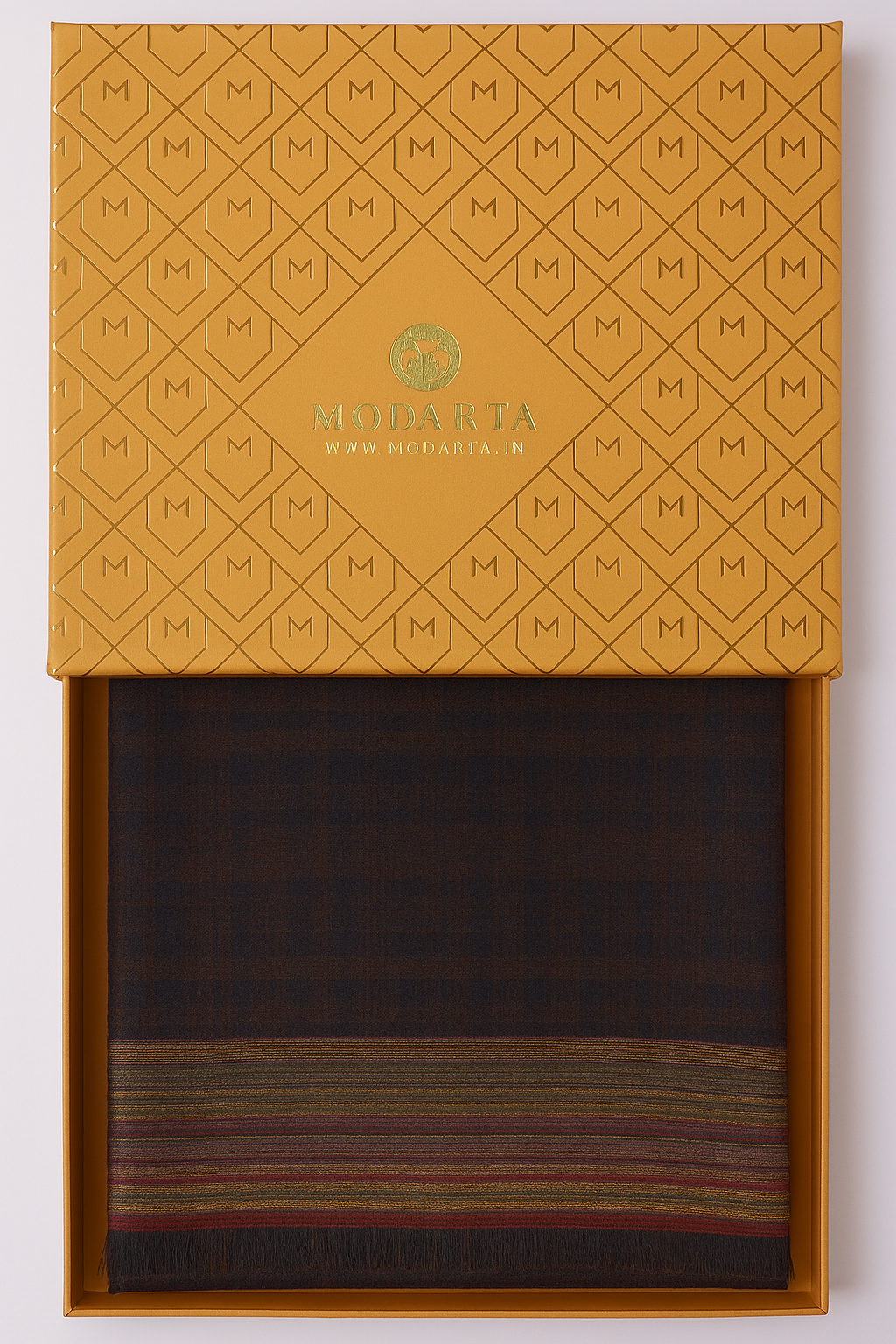 Black wool shawl folded inside Modarta gift box