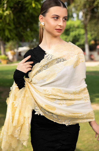 Elegant Cream and Gold Shawl with Lace Work