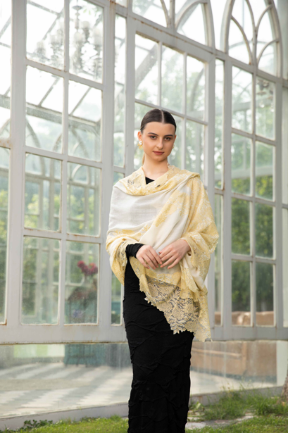 Elegant Cream and Gold Shawl with Lace Work