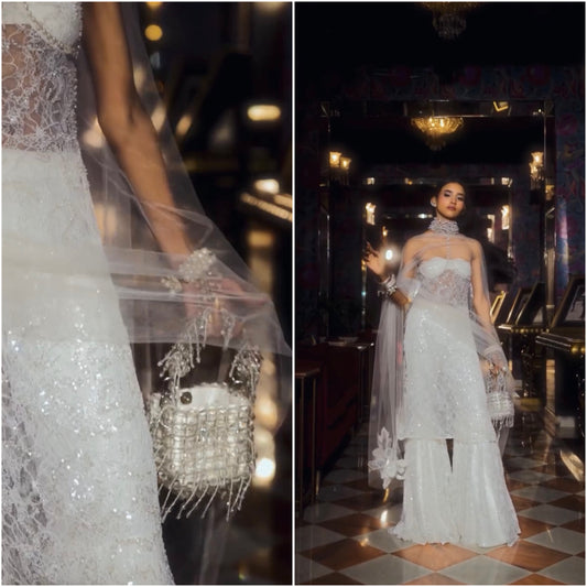 Nancy Tyagi carrying white crystal bucket bag