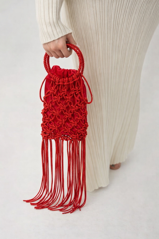 Red Crystal Fringe Clutch – Knotted Statement Party Evening Bag