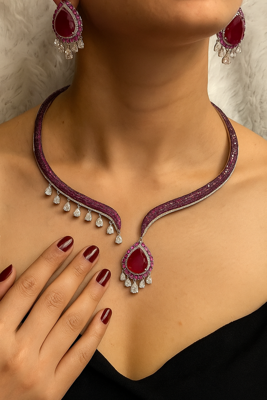 Red stone crystal drop bridal necklace with earrings