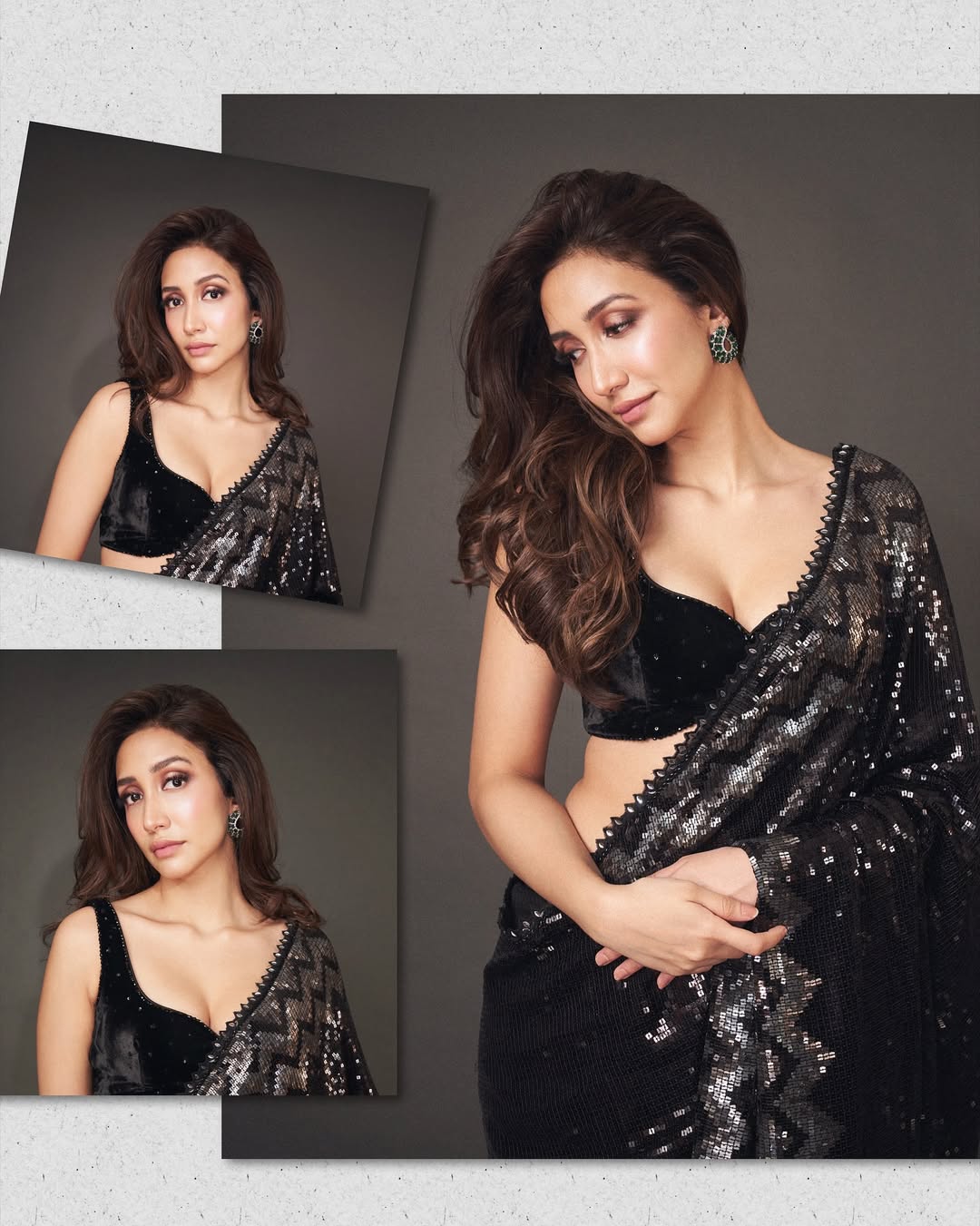 Bollywood actress styling emerald loop crystal earrings