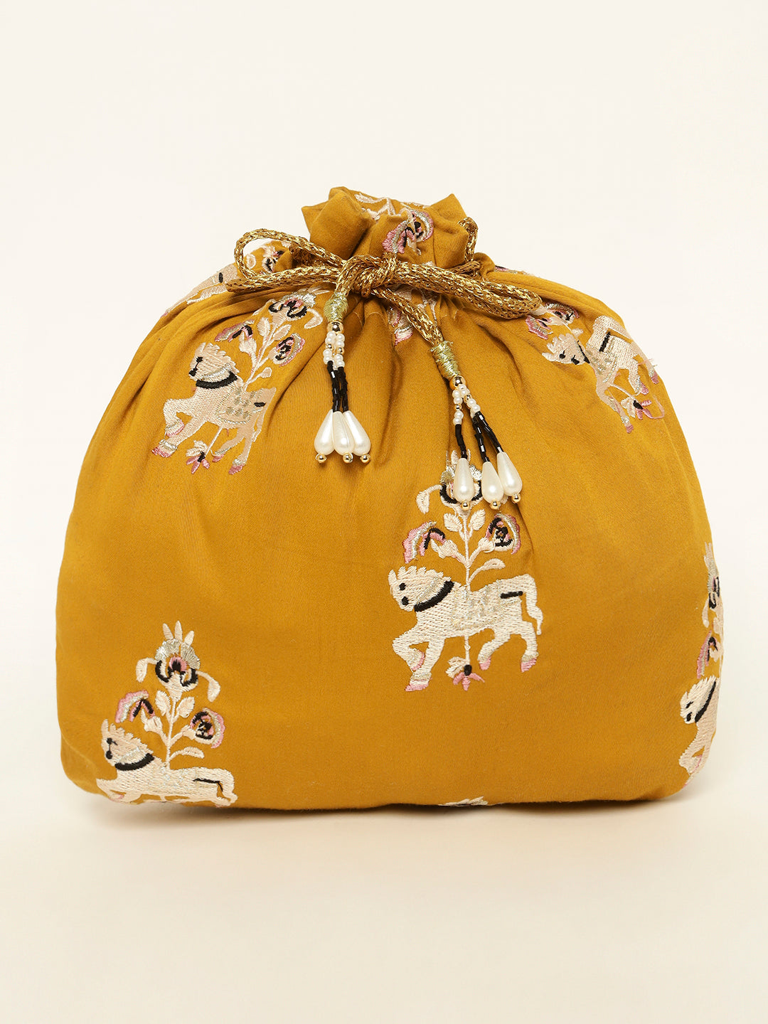 Yellow potli bag with intricately embroidered horse motifs