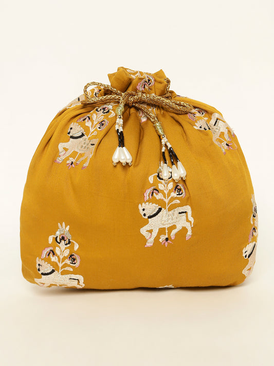 Yellow potli bag with intricately embroidered horse motifs