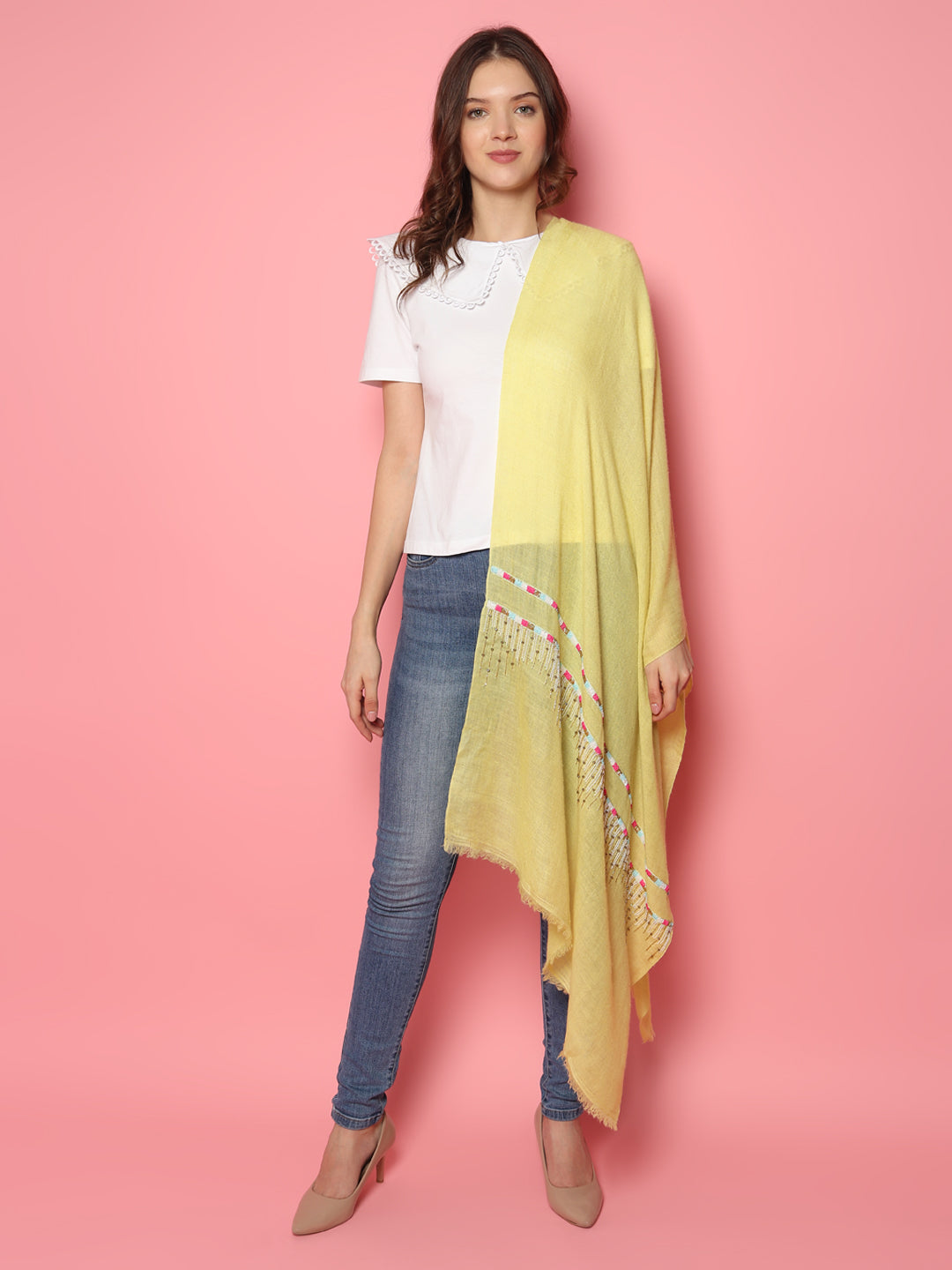 Lemon Yellow Pure Pashmina Shawl with abstract geometric embroidery