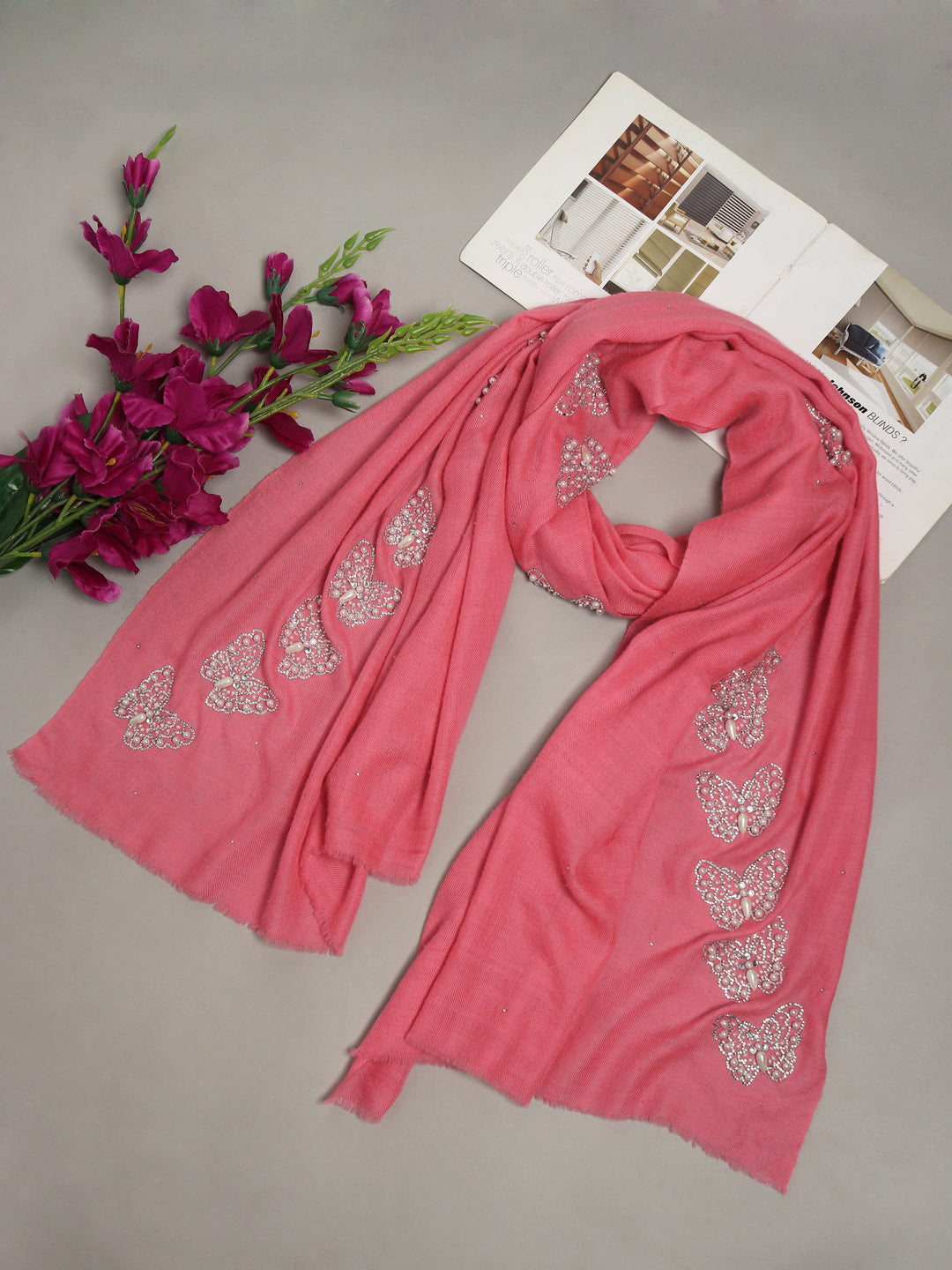 Pashmina Pink Shawl with swarovski and pearls butterflies