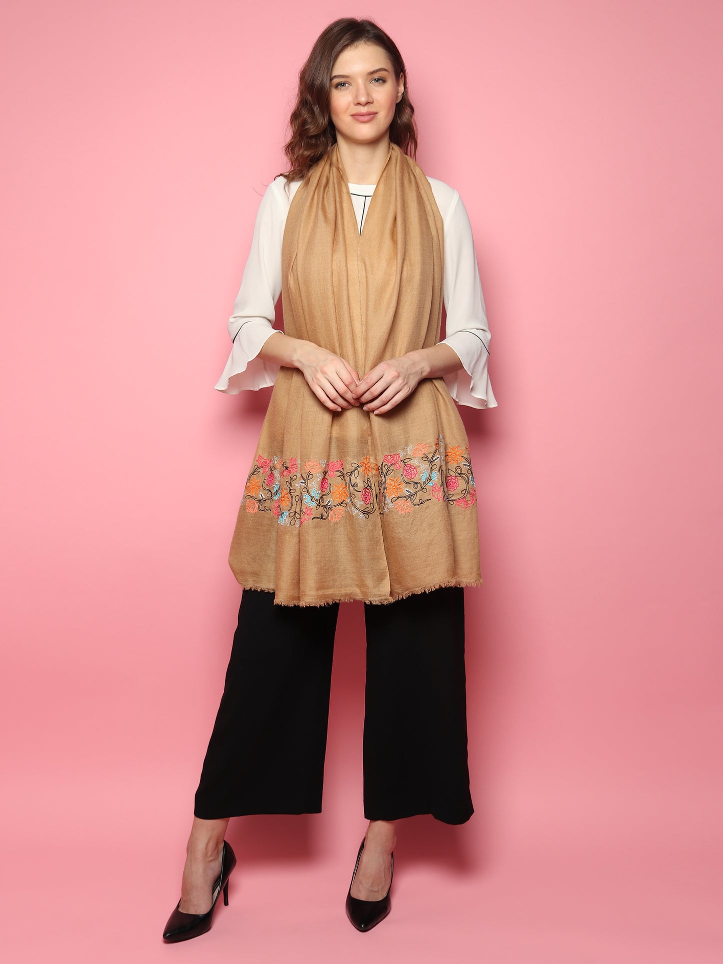 Brown Pure Pashmina Shawl with hand embroidered floral pattern