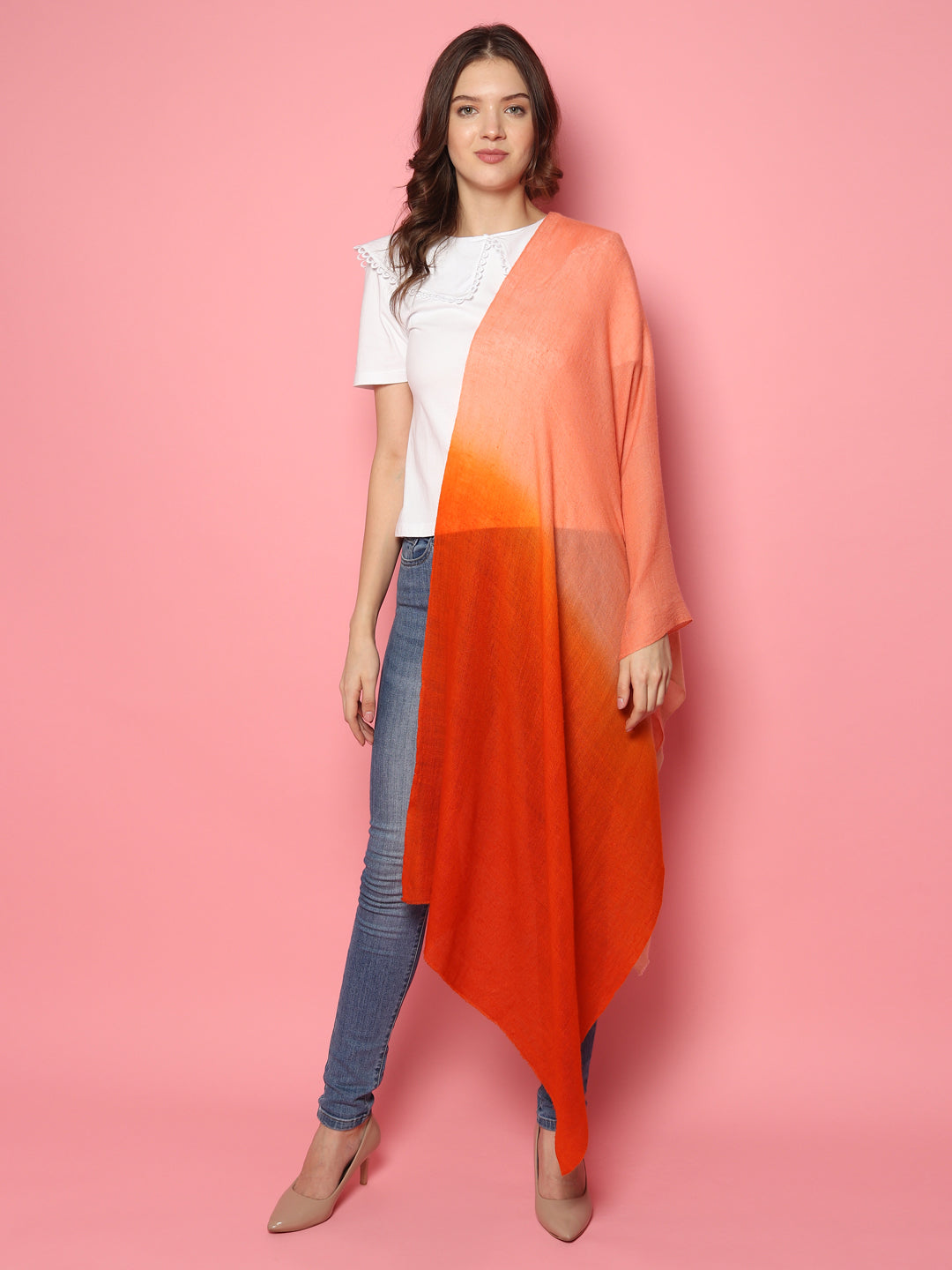 Orange Beige Ombre Pure Pashmina Multi shaded Shawl