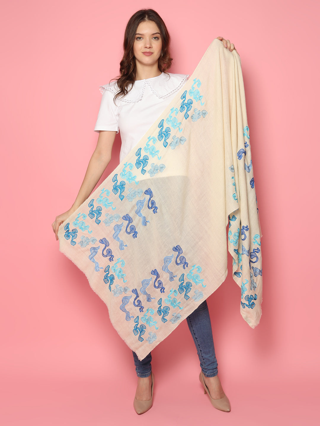 White Pure Pashmina Shawl with abstract swirl pattern