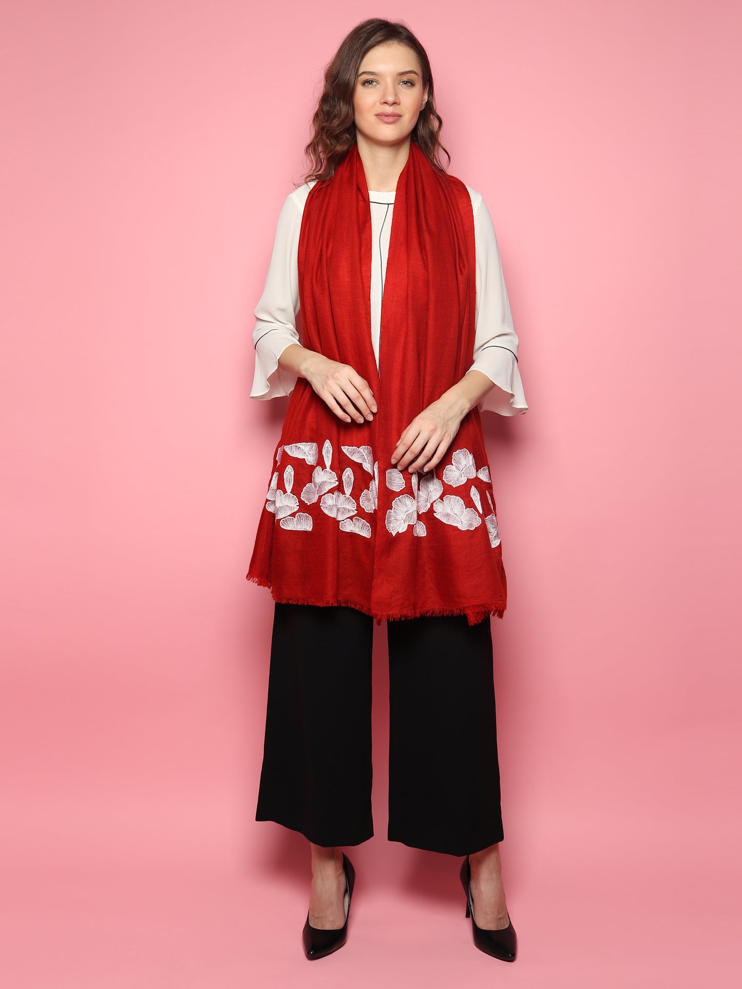 Red Pure Pashmina Shawl with white floral hand embroidery