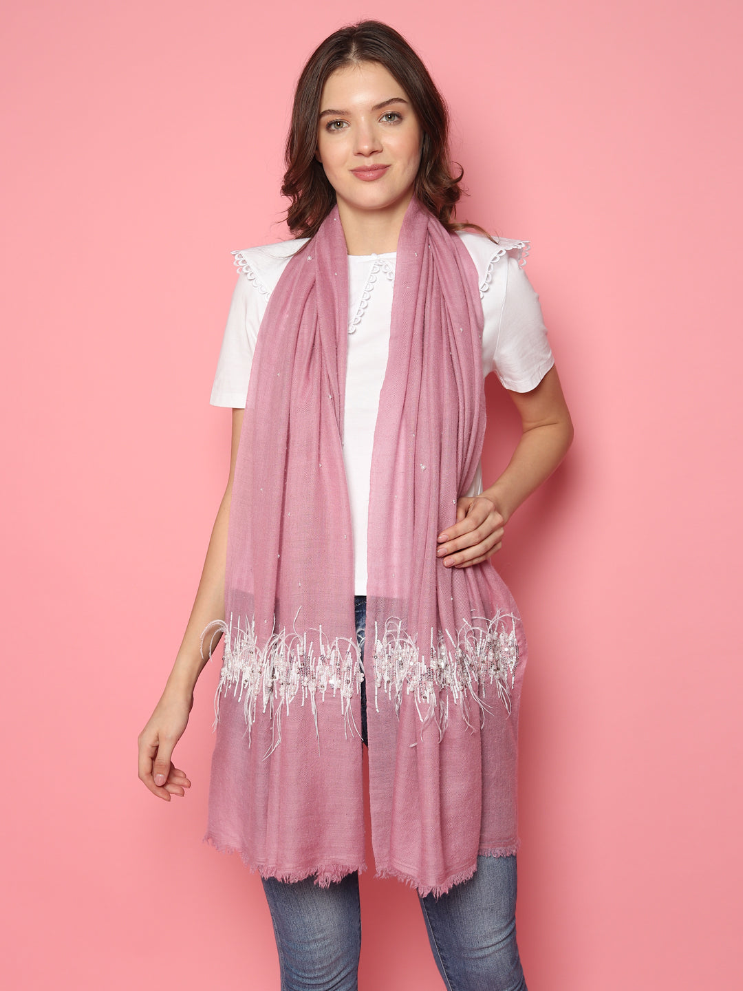 Pink Pure Pashmina Shawl with hand embroidered feather border