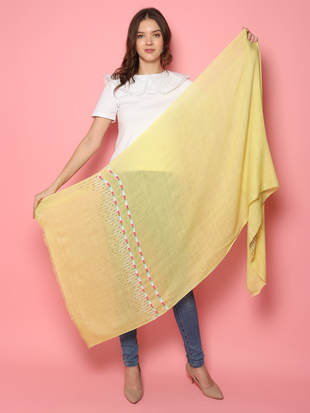 Lemon Yellow Pure Pashmina Shawl with abstract geometric embroidery