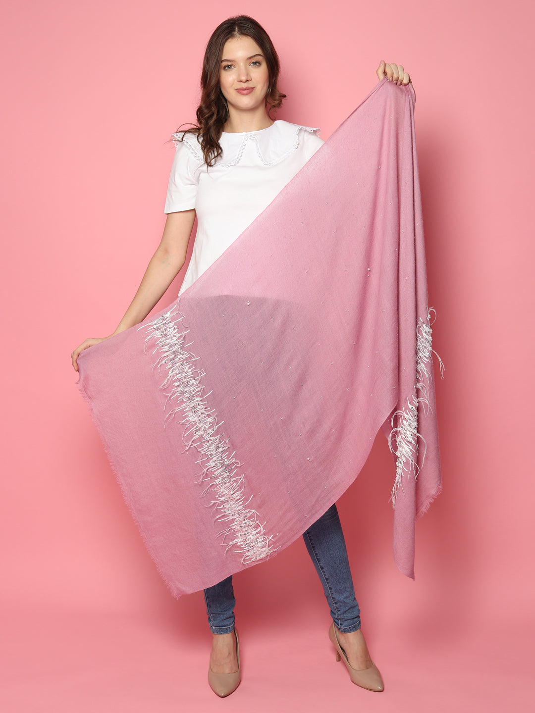 Pink Pure Pashmina Shawl with hand embroidered feather border