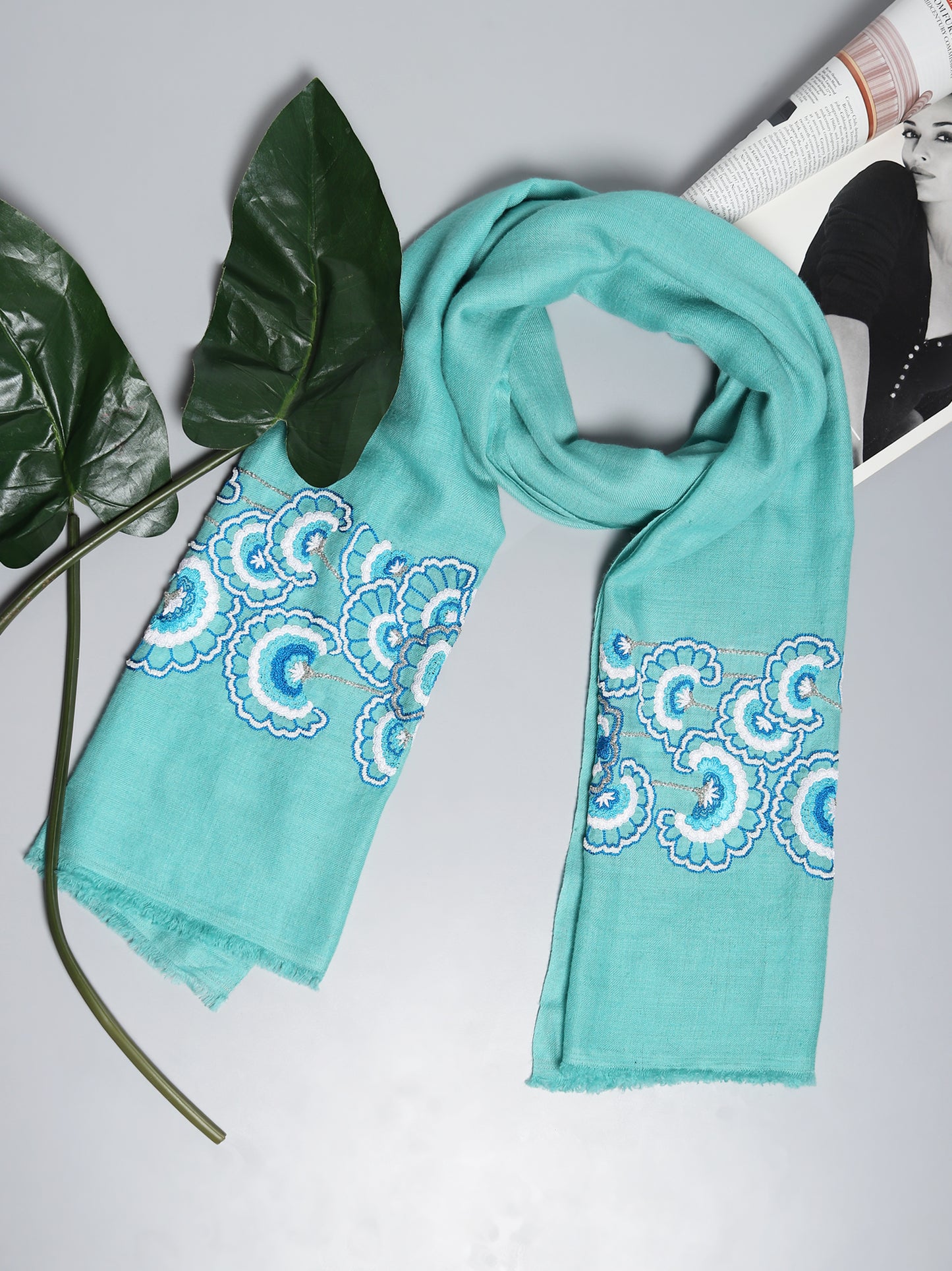 Turquoise Blue Pure Pashmina Shawl with hand embroidered floral pattern
