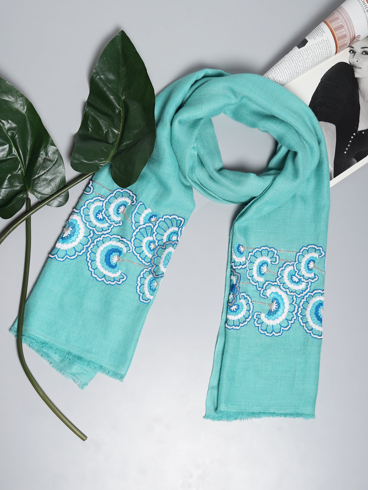 Turquoise Blue Pure Pashmina Shawl with hand embroidered floral pattern