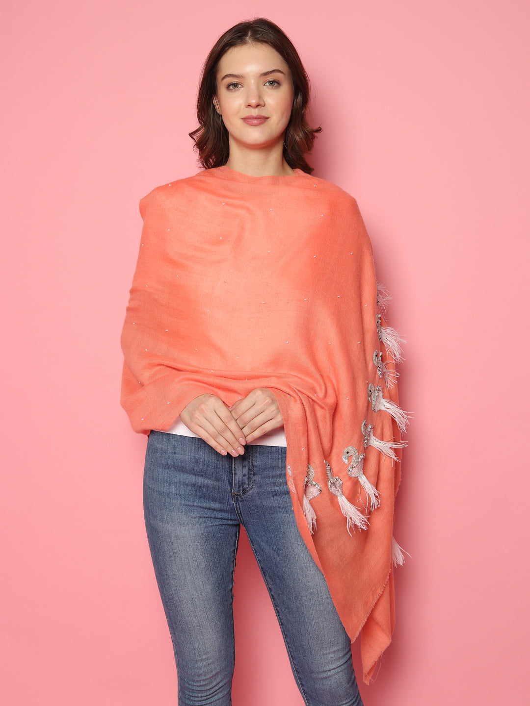 Peach Pure Pashmina Shawl with feather bird design