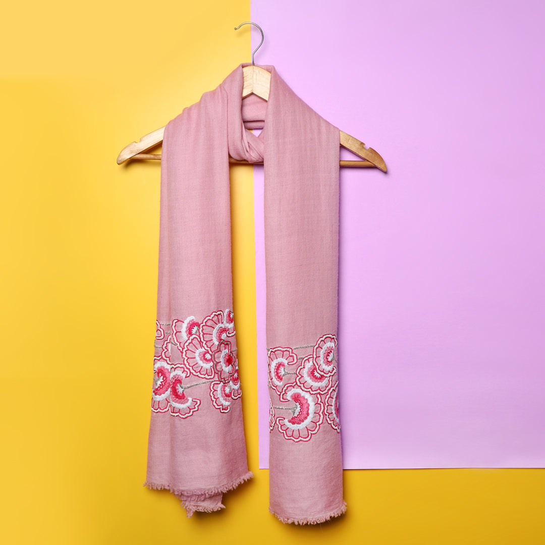Baby Pink Pure Pashmina Shawl with hand embroidered floral artwork