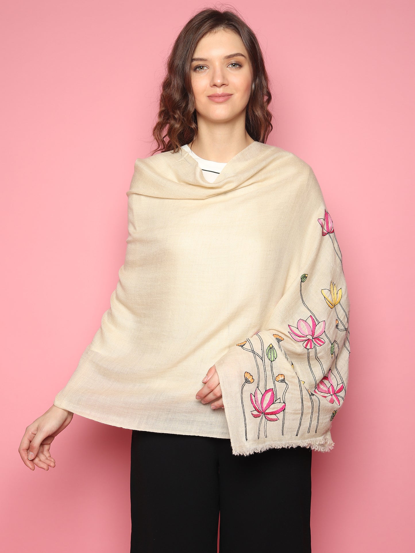 White Pure Pashmina Shawl with hand embroidered floral lotus pattern
