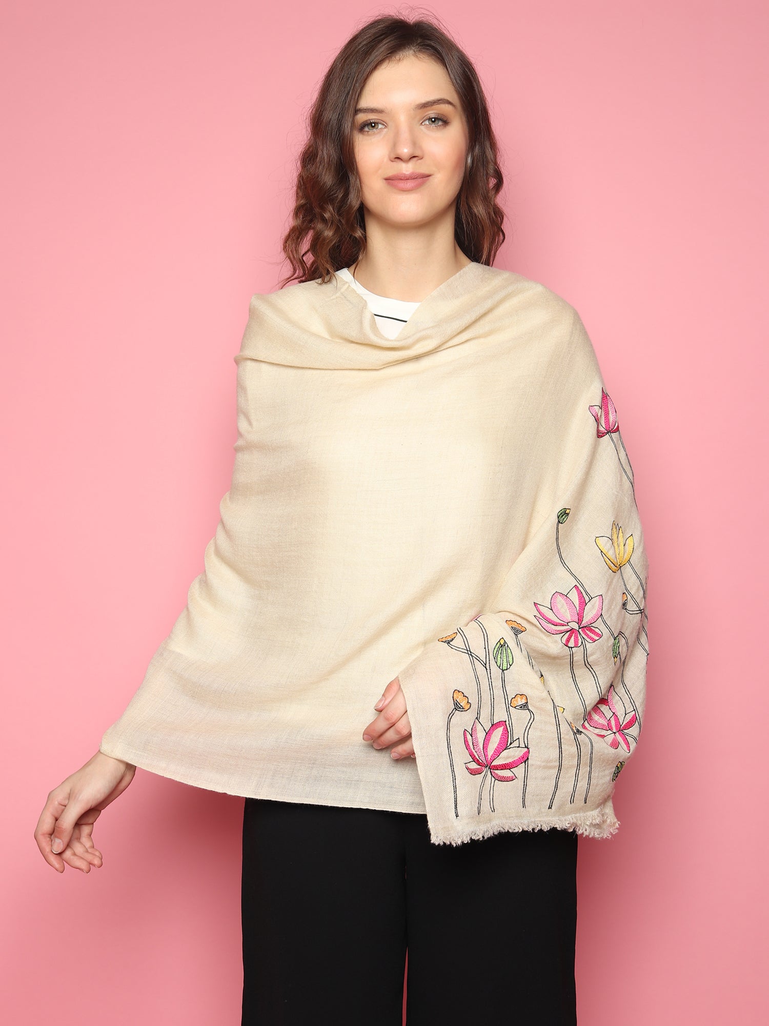 White Pure Pashmina Shawl with hand embroidered floral lotus pattern
