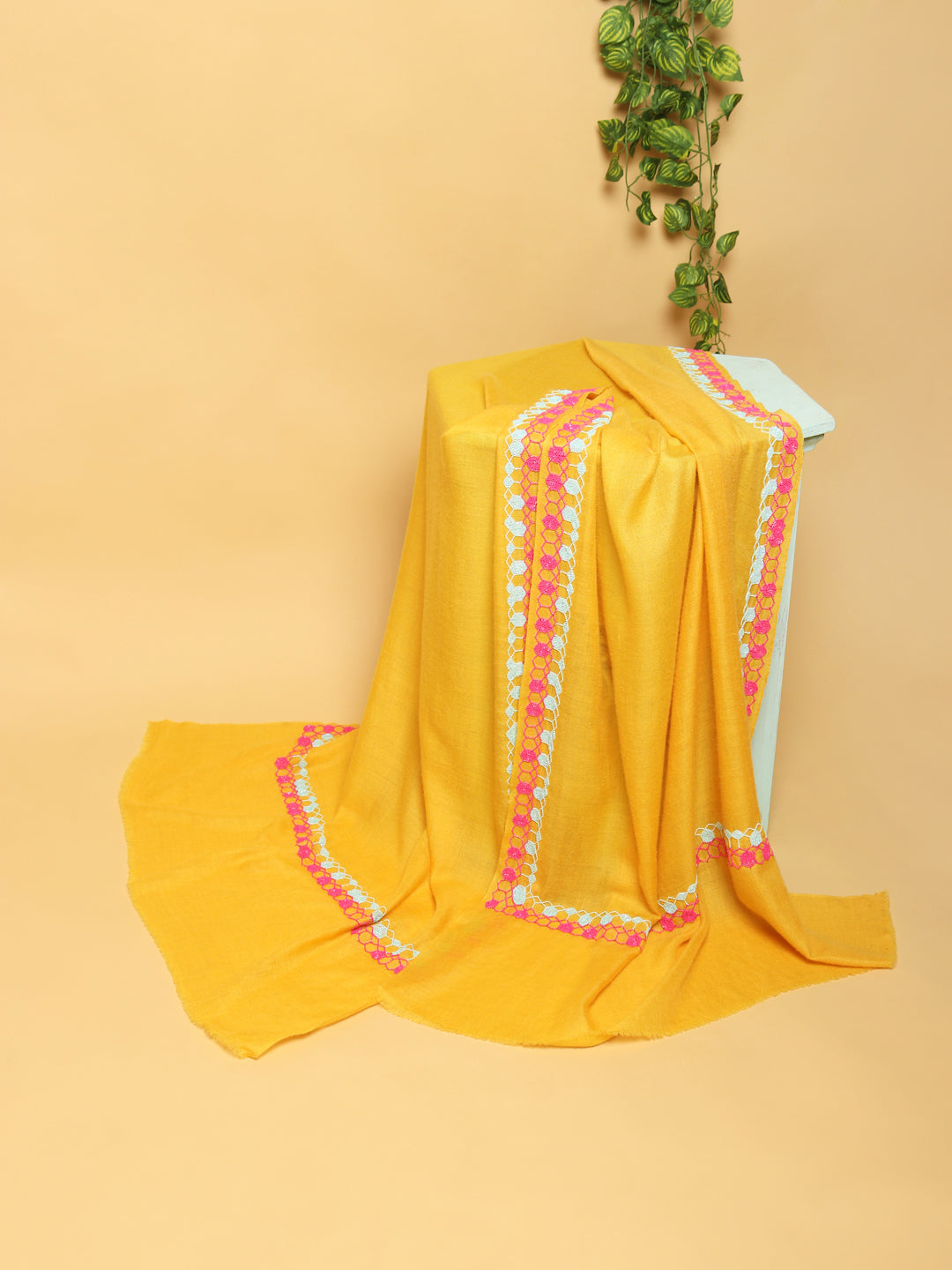 Bright Yellow Pure Pashmina Shawl with hand embroidered geometric border