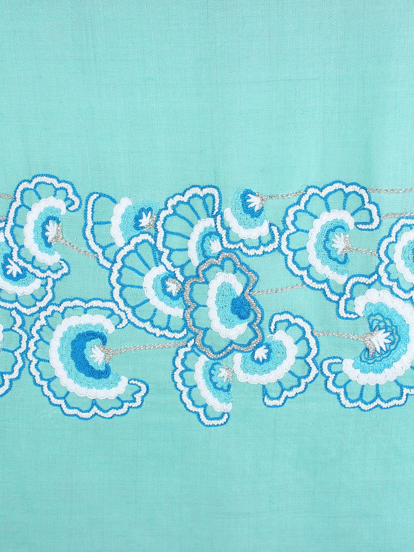 Turquoise Blue Pure Pashmina Shawl with hand embroidered floral pattern